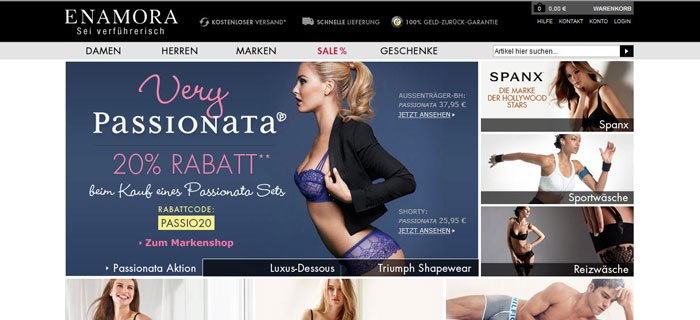 Verführerische Unterwäsche und Dessous bietet die Webseite enamora.de